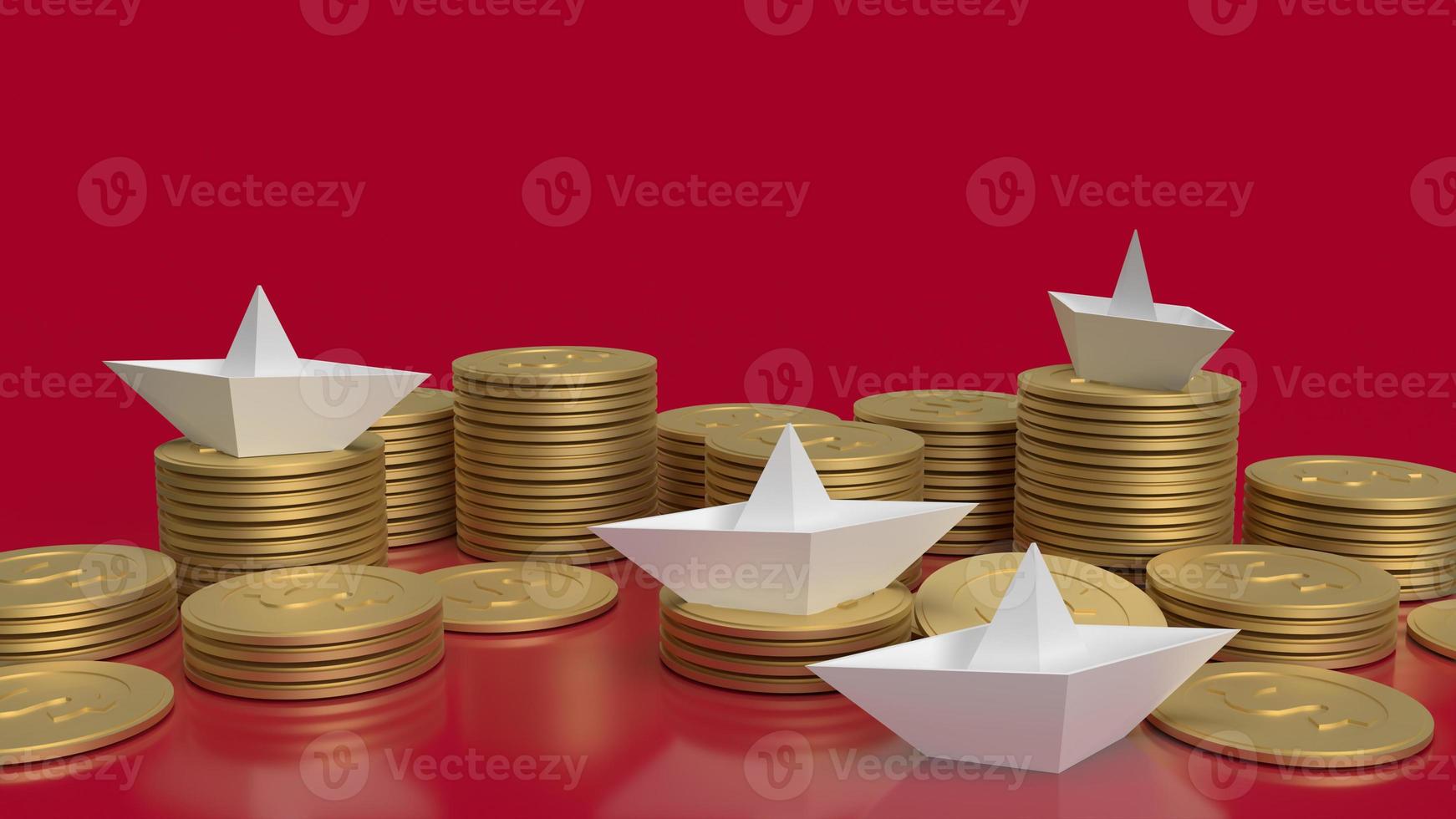 The white paper boat and gold coins on red background for red ocean content 3d rendering photo