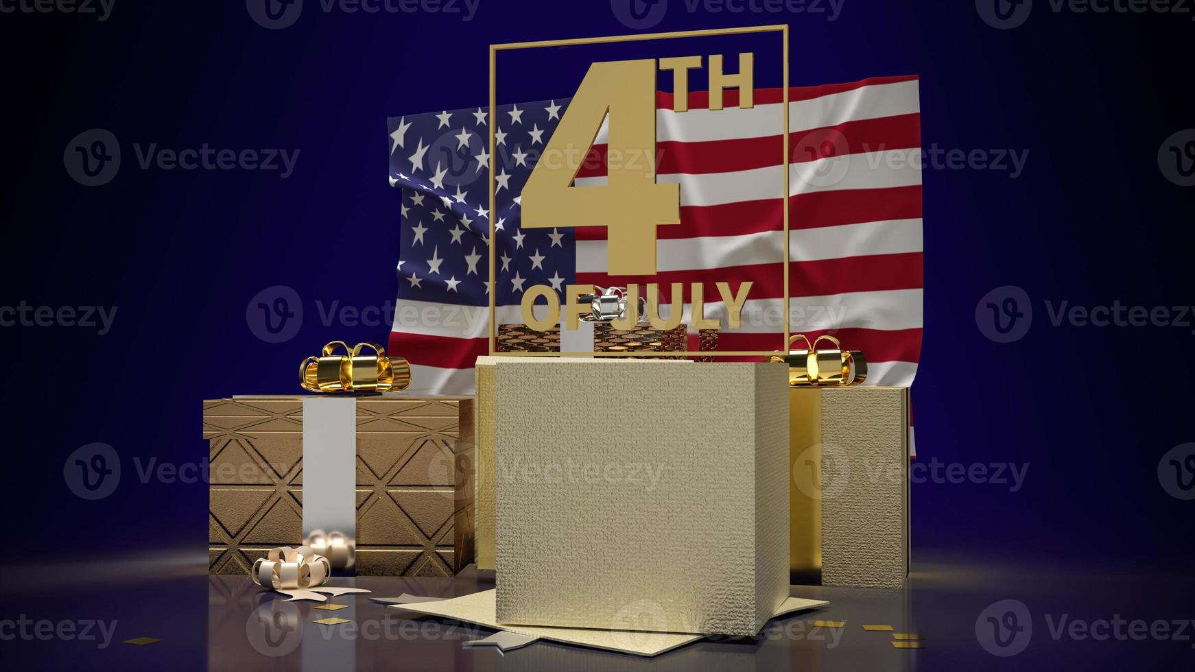gold text 4th of July on America flag and gift box  for holiday content 3d rendering photo