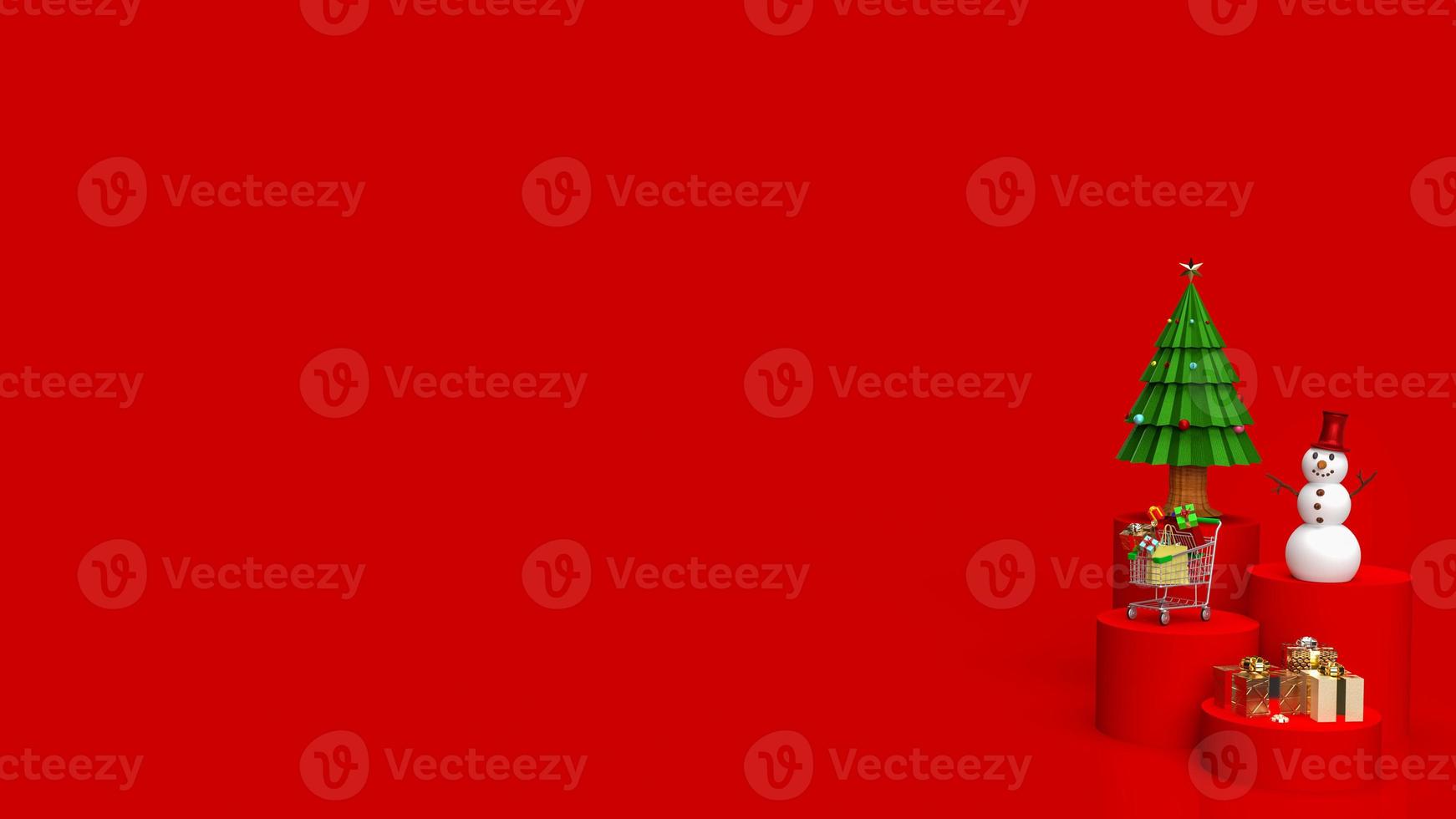 The  Christmas tree and snowman on red color tone for holiday or business concept 3d rendering photo