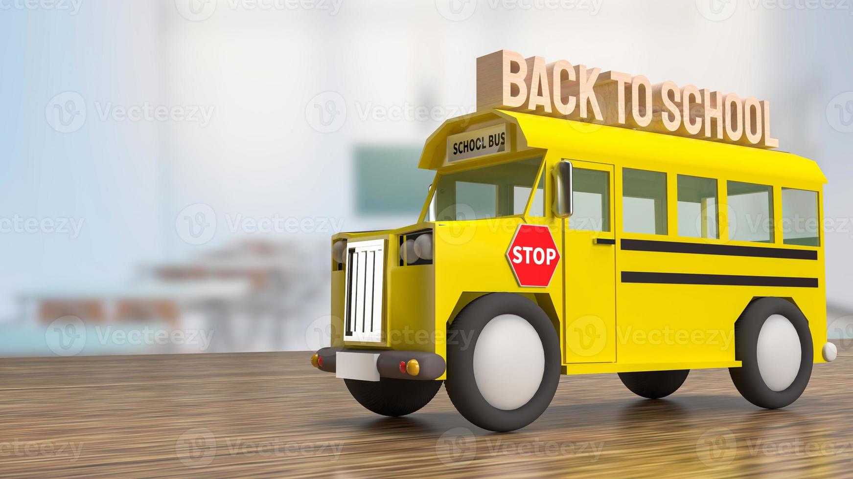 The schoolbus on wood table for back to school concept 3d rendering photo