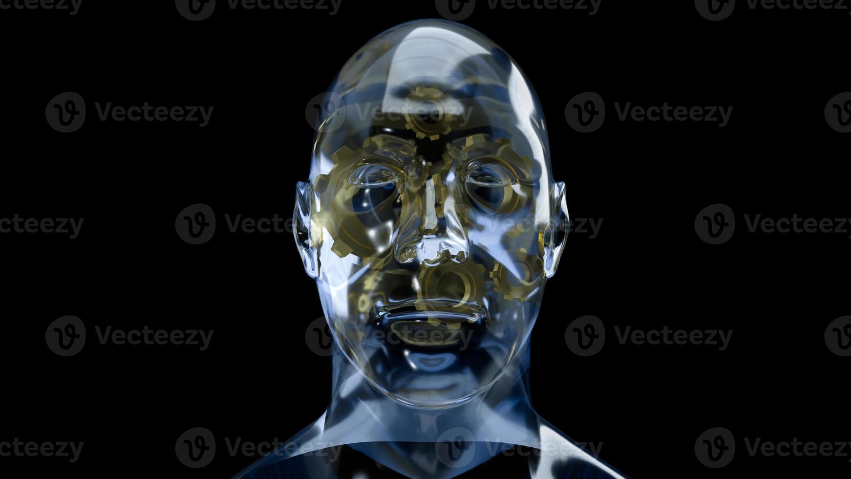 el cristal de la cabeza humana y el engranaje dorado en el interior para la representación 3d del contenido de la idea del símbolo foto