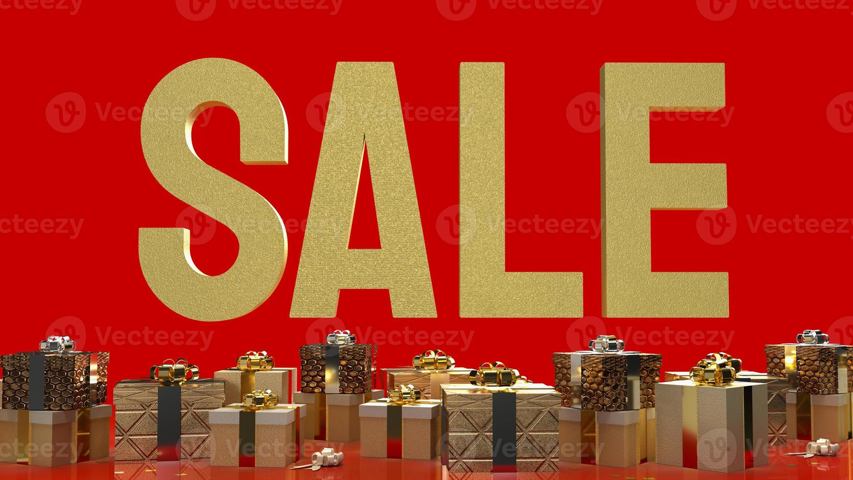 The sale gold text and gift box on red background 3d rendering photo