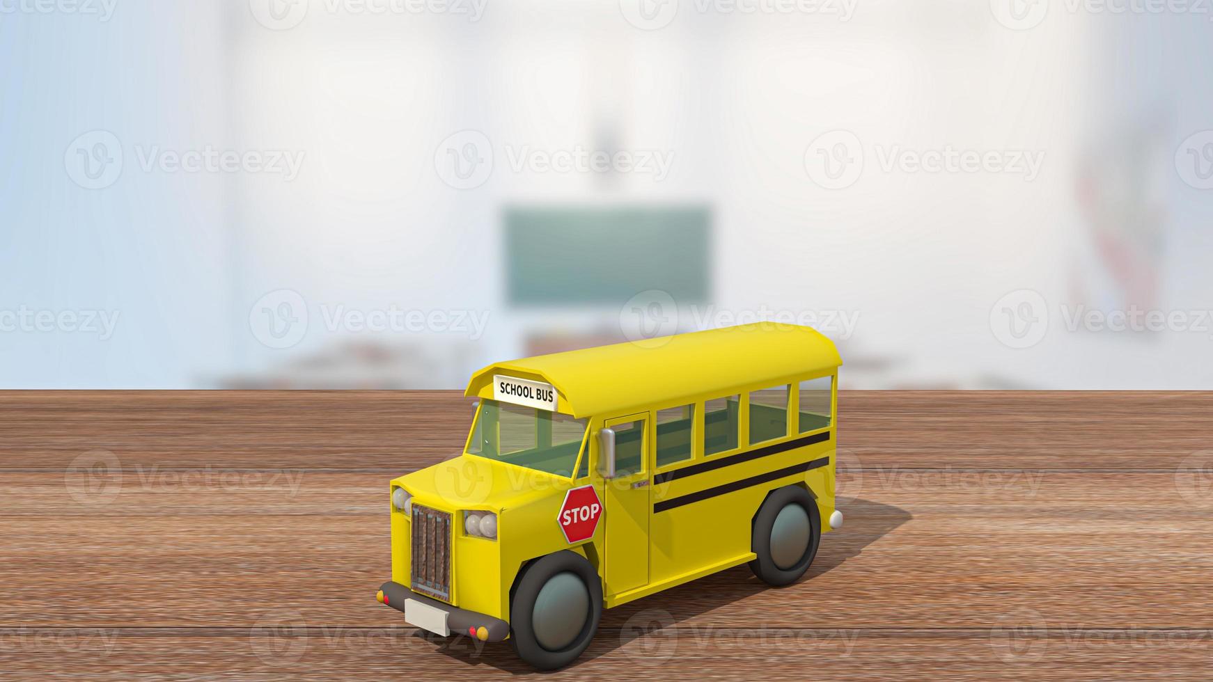The schoolbus on wood table in classroom for back to school or education concept 3d rendering photo