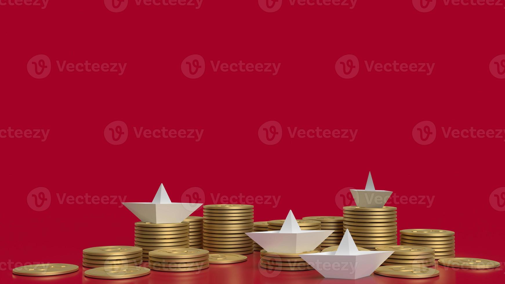 The white paper boat and gold coins on red background for red ocean content 3d rendering photo