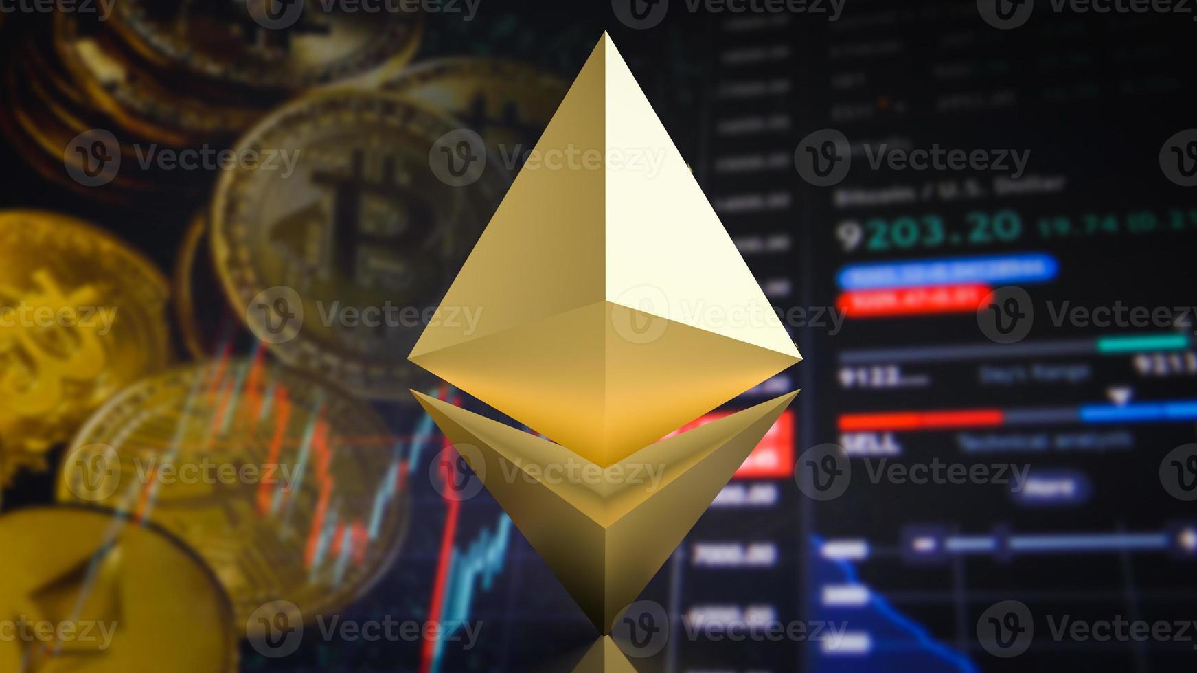 el símbolo de éter dorado en los antecedentes comerciales para el concepto de criptomoneda representación 3d foto