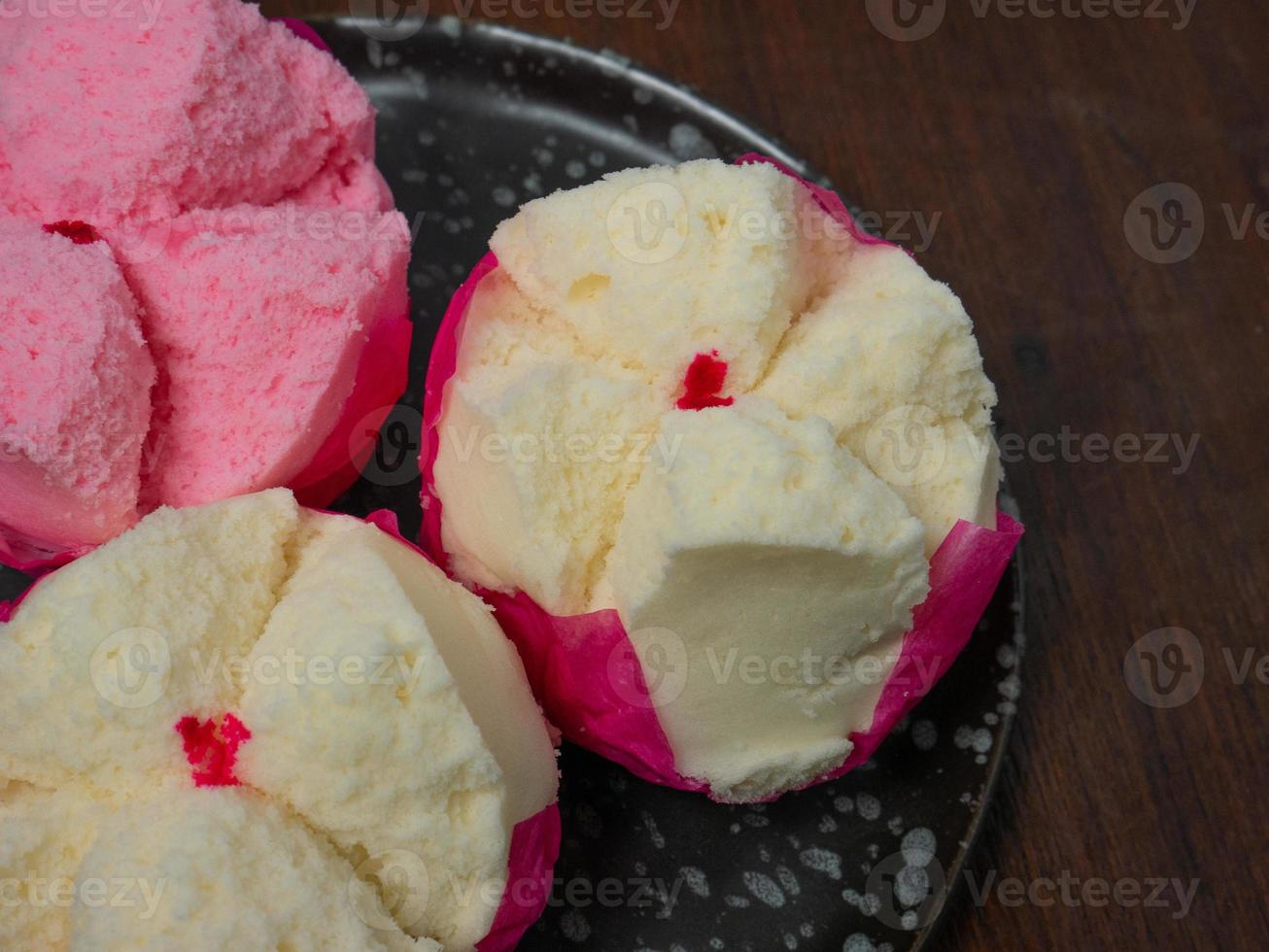 The Chinese fluffy rice flour cake on wood table for celebration day