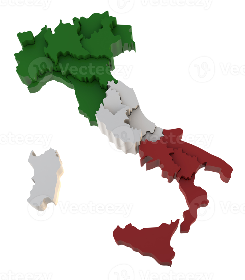 Italy map a 3d render isolated with colors flags of italian regions png