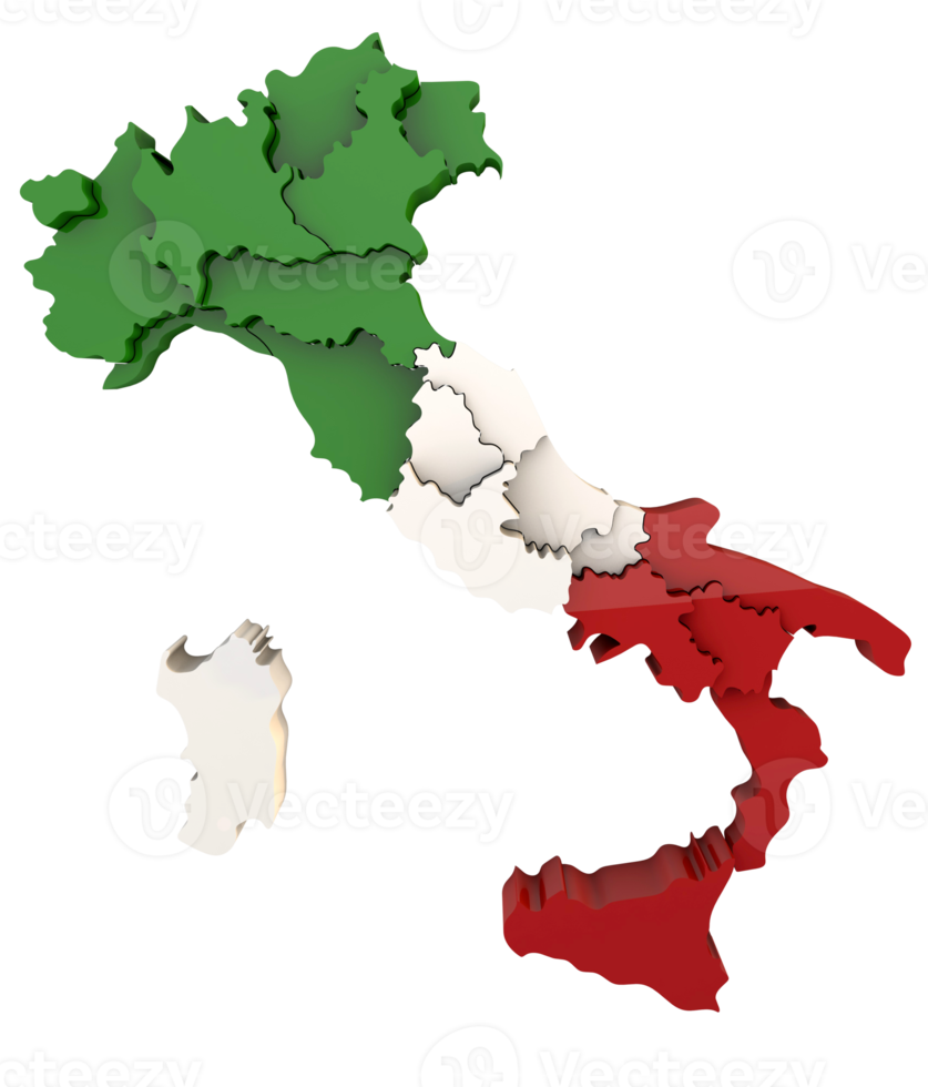 Italien kartlägga en 3D-rendering isolerad med färger flaggor av italienska regioner ovanifrån png