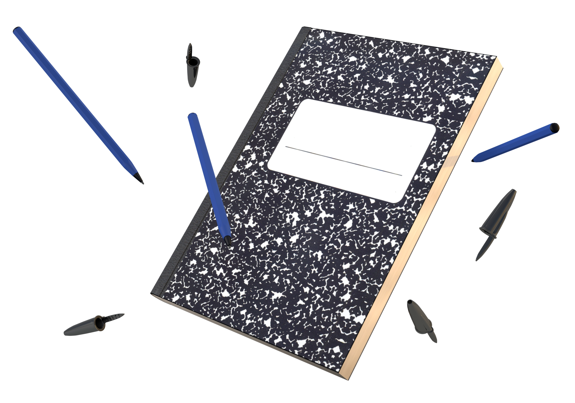 Student notebook and blue pen floating a back to school 3D concept