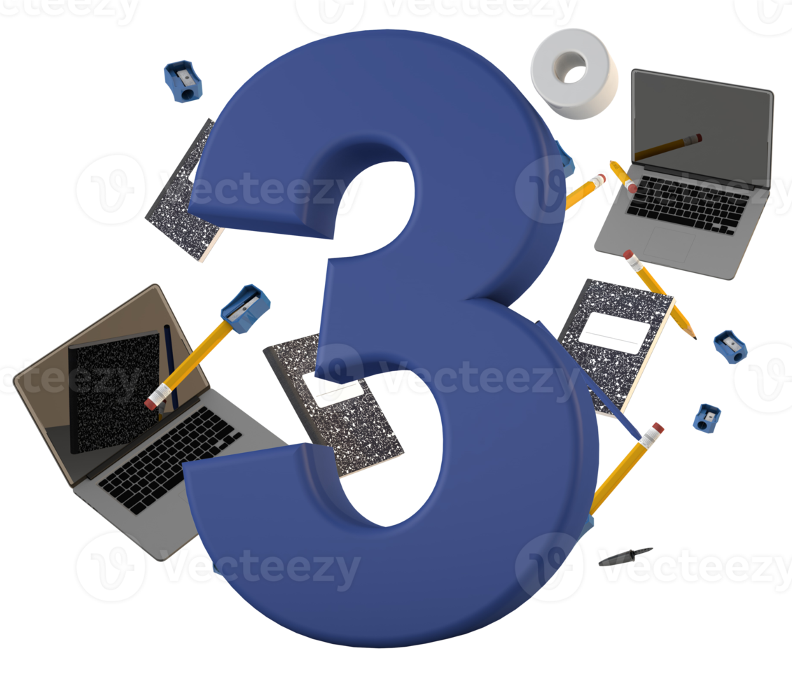 numéro 3 troisième année retour à l'école avec accessoires pour étudiant png
