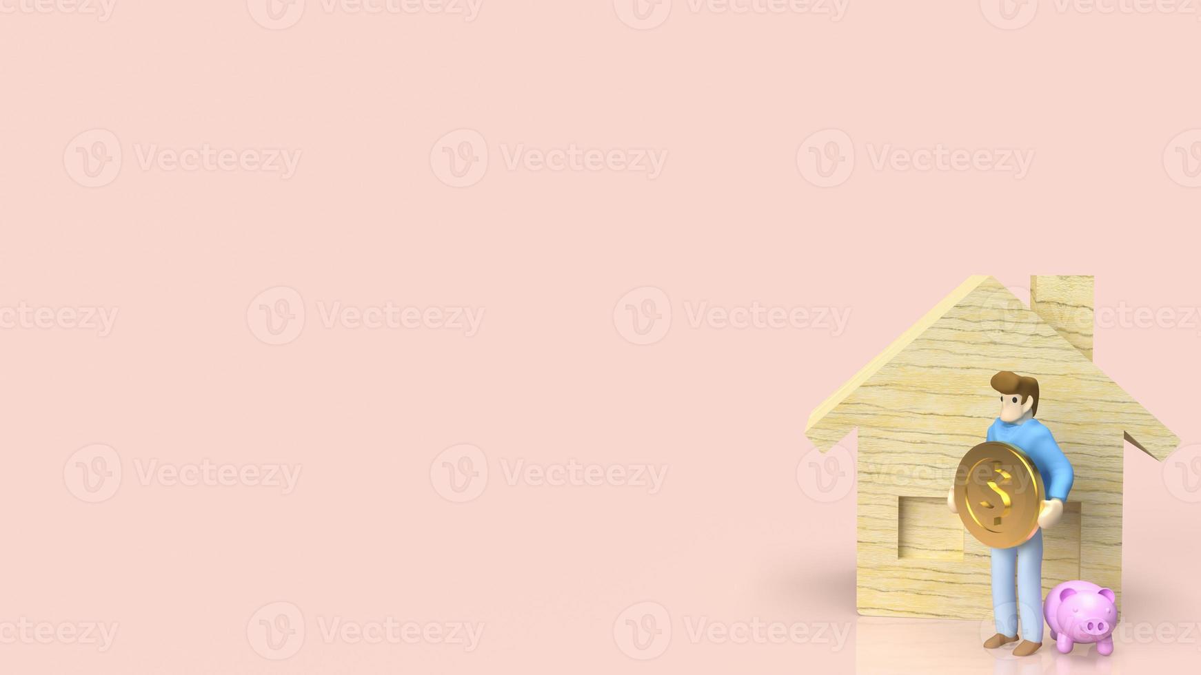 The figure man hold gold coin and wood house for property or building concept 3d rendering photo