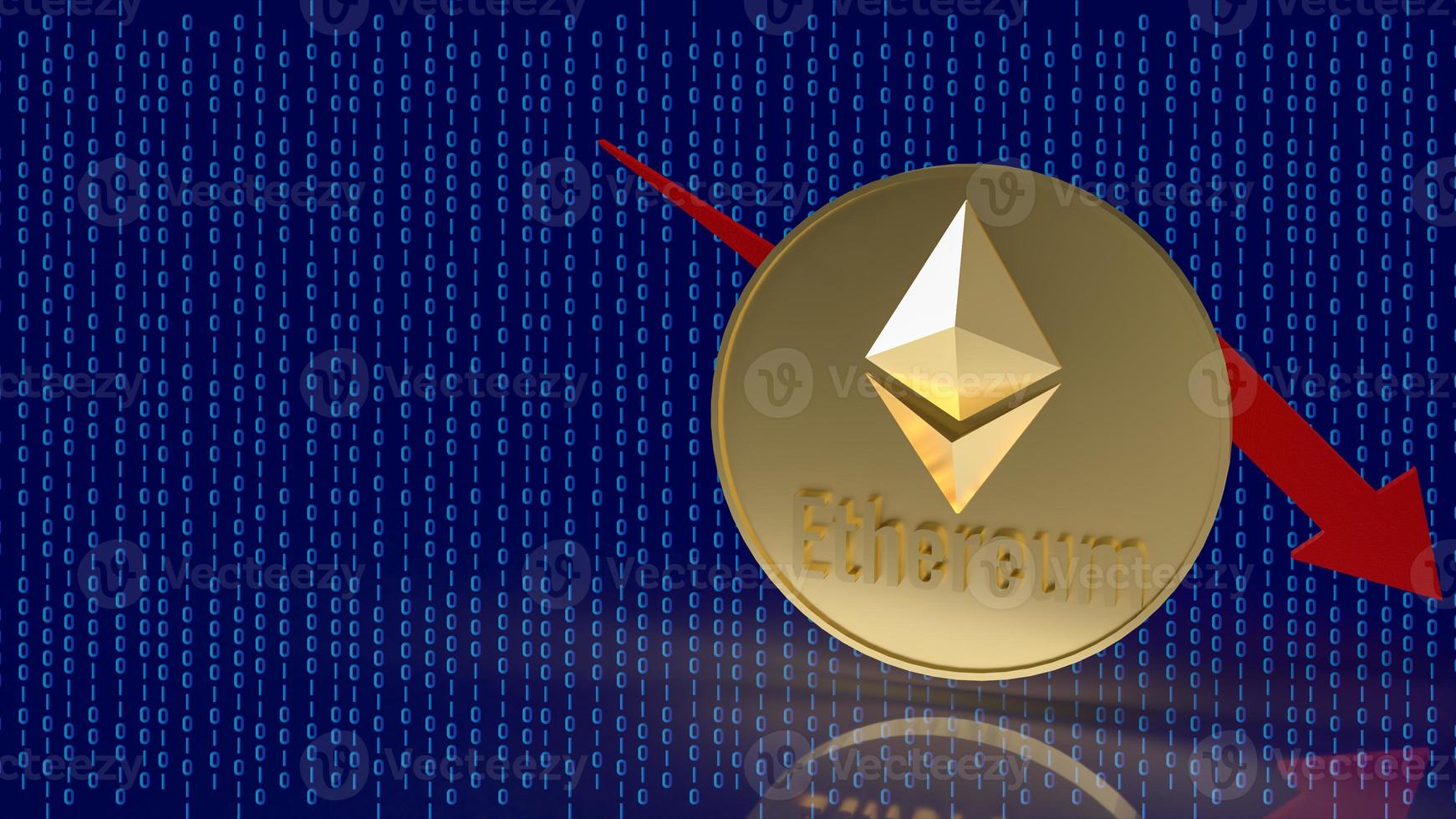 The  ethereum coin and red arrow chart on digital background 3d rendering photo