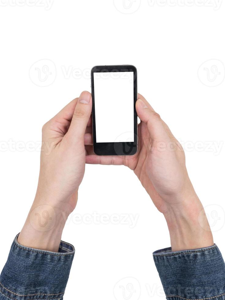 Male hands holding a mobile phone with touch blank white screen on white background. photo