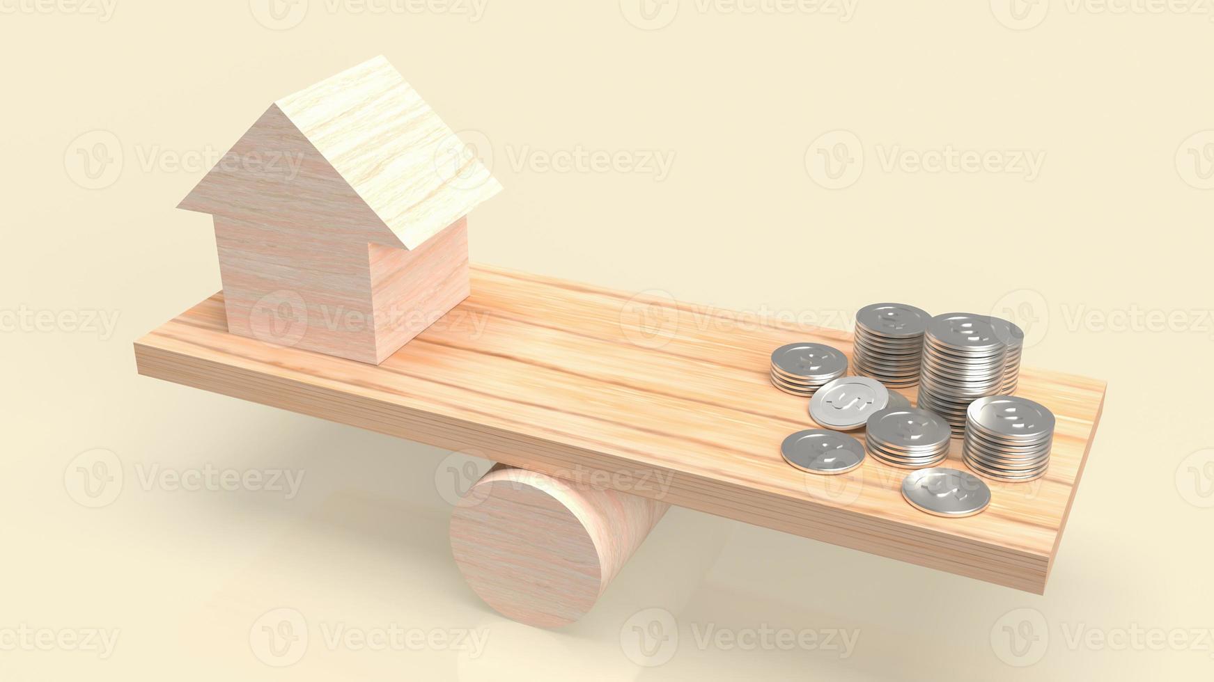 The wood home balance money coins for property or business concept 3d rendering photo