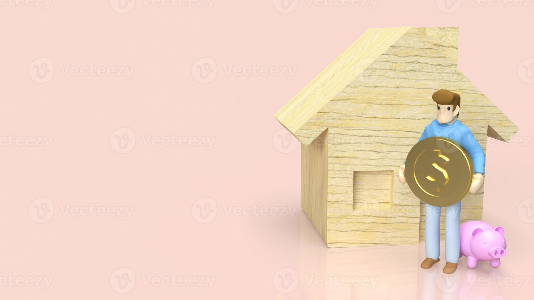 The figure man hold gold coin and wood house for property or building concept 3d rendering photo