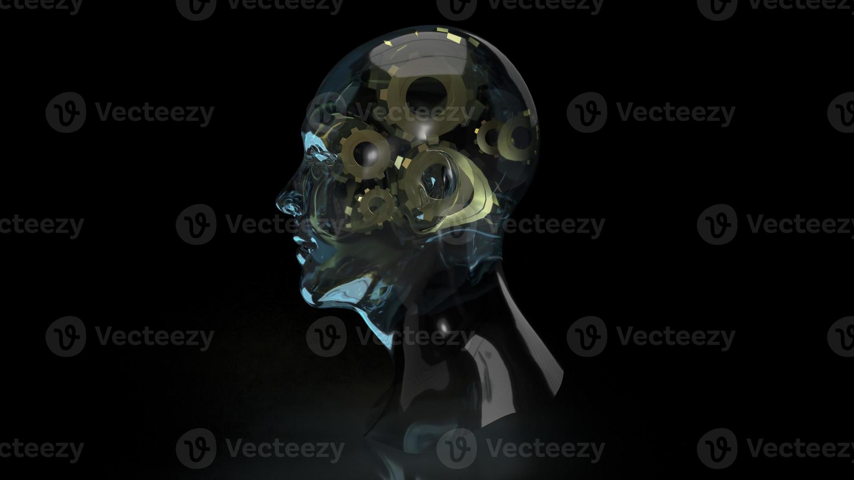 el cristal de la cabeza humana y el engranaje dorado en el interior para la representación 3d del contenido de la idea del símbolo foto