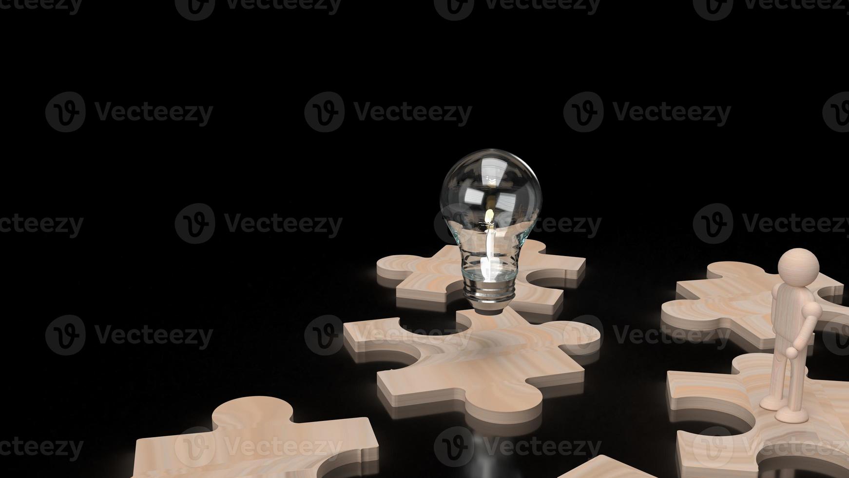 The Light bulb and wood human figure on jigsaw 3d rendering. photo