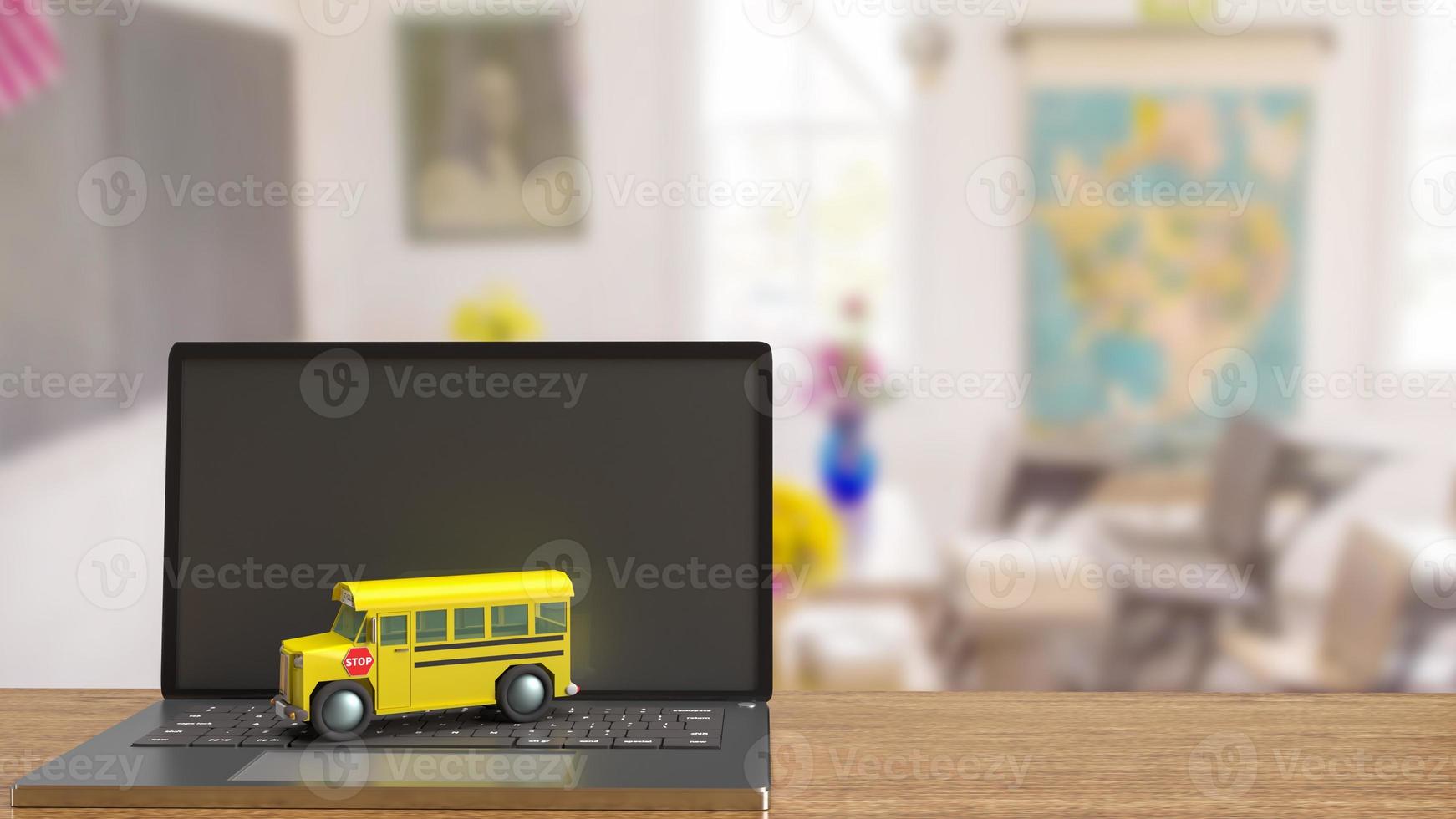 school bus on laptop for e learning concept 3d rendering photo