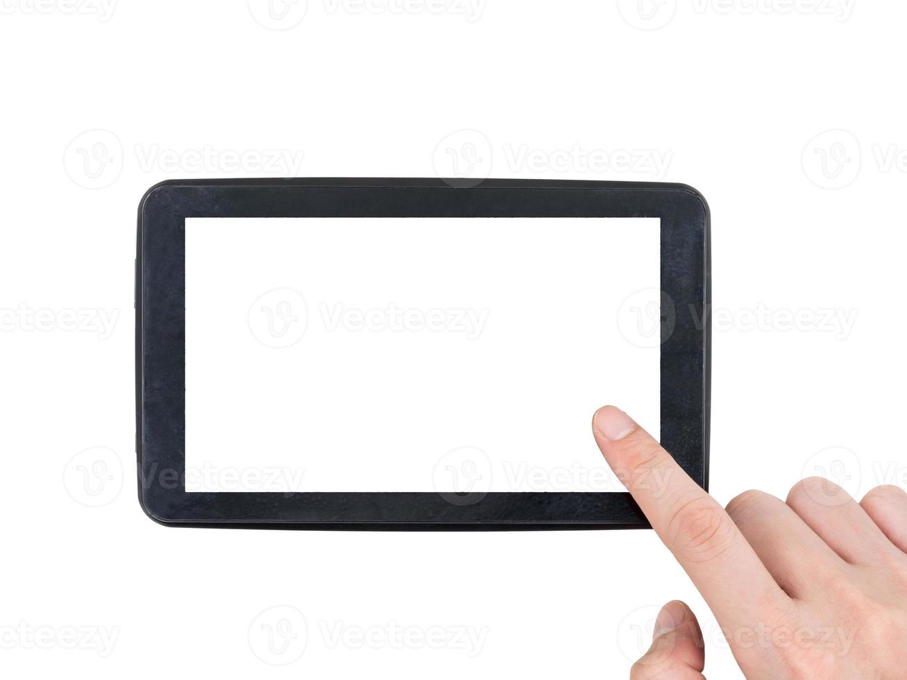 Male hand with tablet touch computer gadget with touch blank screen on white background. photo