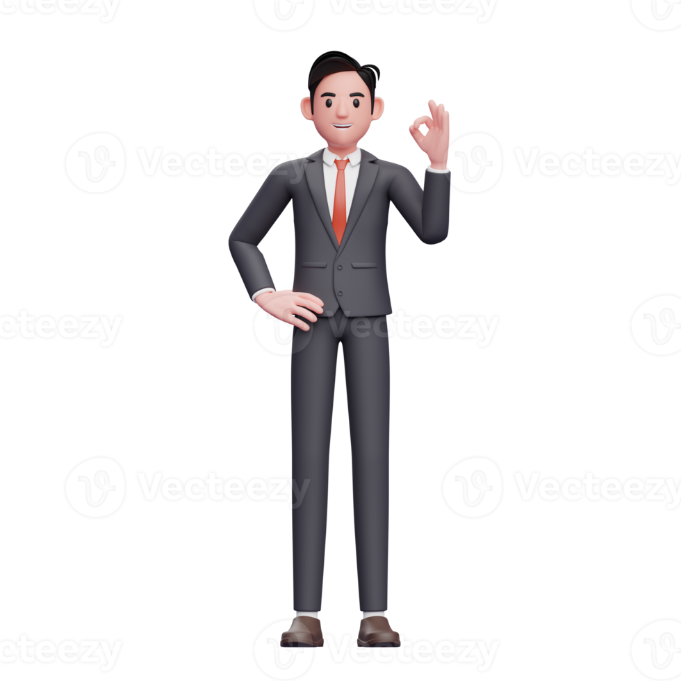 empresário bonito em terno formal dá o dedo ok, sinal de ok, personagem de empresário de renderização 3d em terno formal png