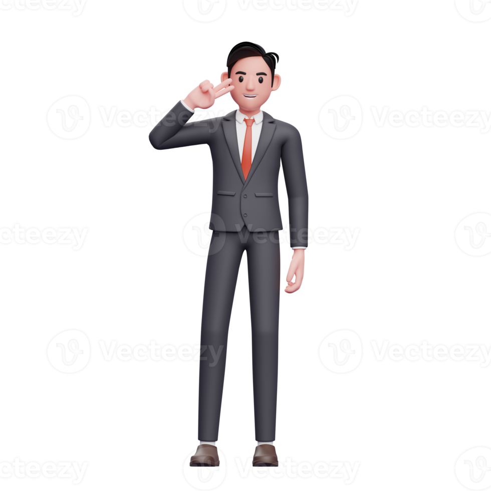 empresário em sinal de paz de terno formal com o dedo, personagem de empresário de renderização 3d em terno formal png