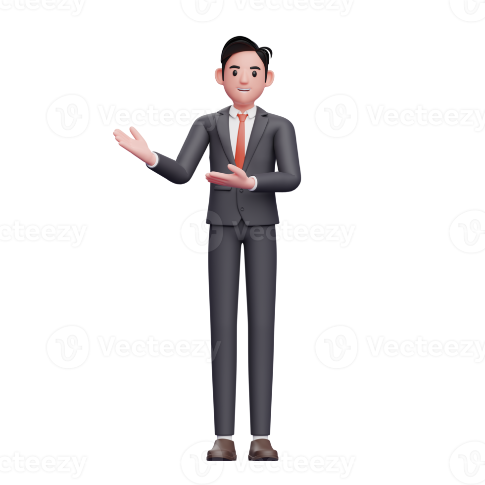 hombre de negocios en traje formal que muestra con ambas manos, personaje de hombre de negocios de representación 3d en traje formal png