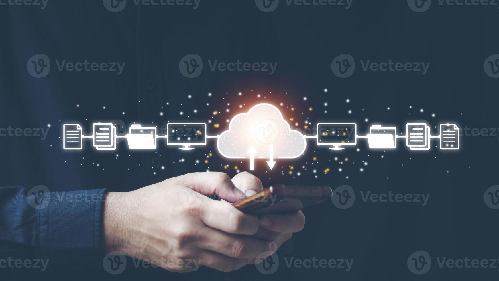 cyber security concept, man working on computer that is designed to protect networks, devices, programs and data from attacks, damage or unauthorized access. photo