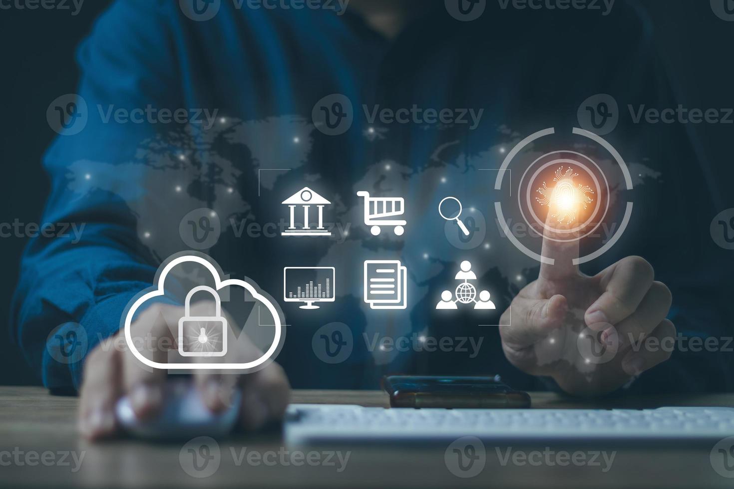 Cloud technology data storag concept, man's hand using a smartphone to use, backup, store in Cloud Data storag as an online connection. Files can be retrieved at any time. convenient and safe photo