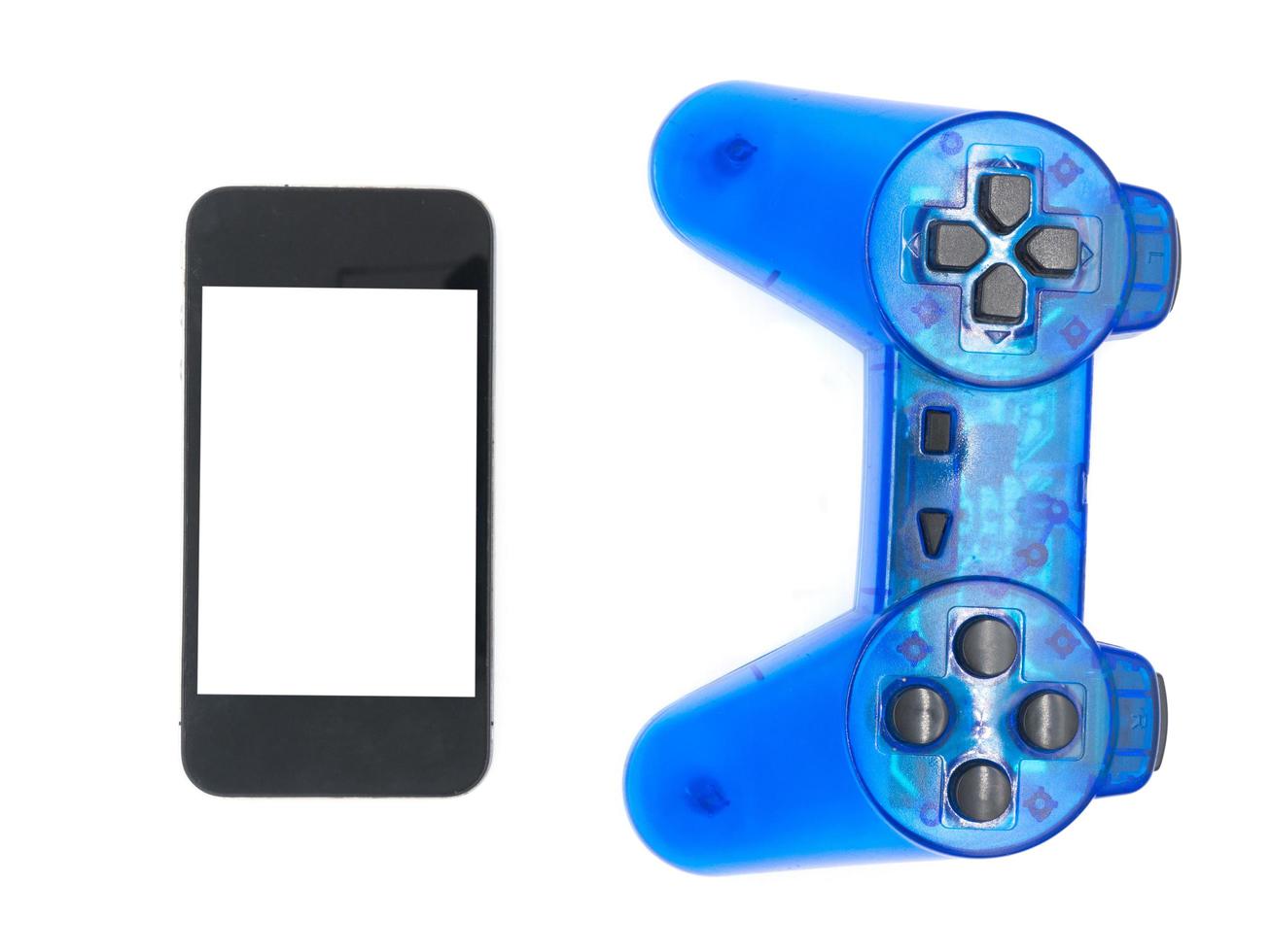 Smart phone with video game controller on white background photo