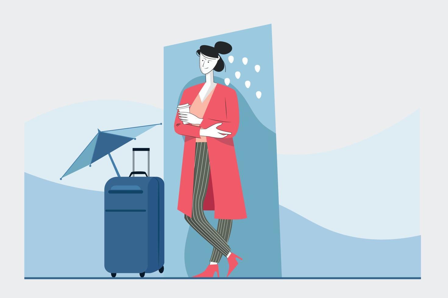 Woman traveler cartoon style flat illustration. Tourist with luggage standing in lin vector