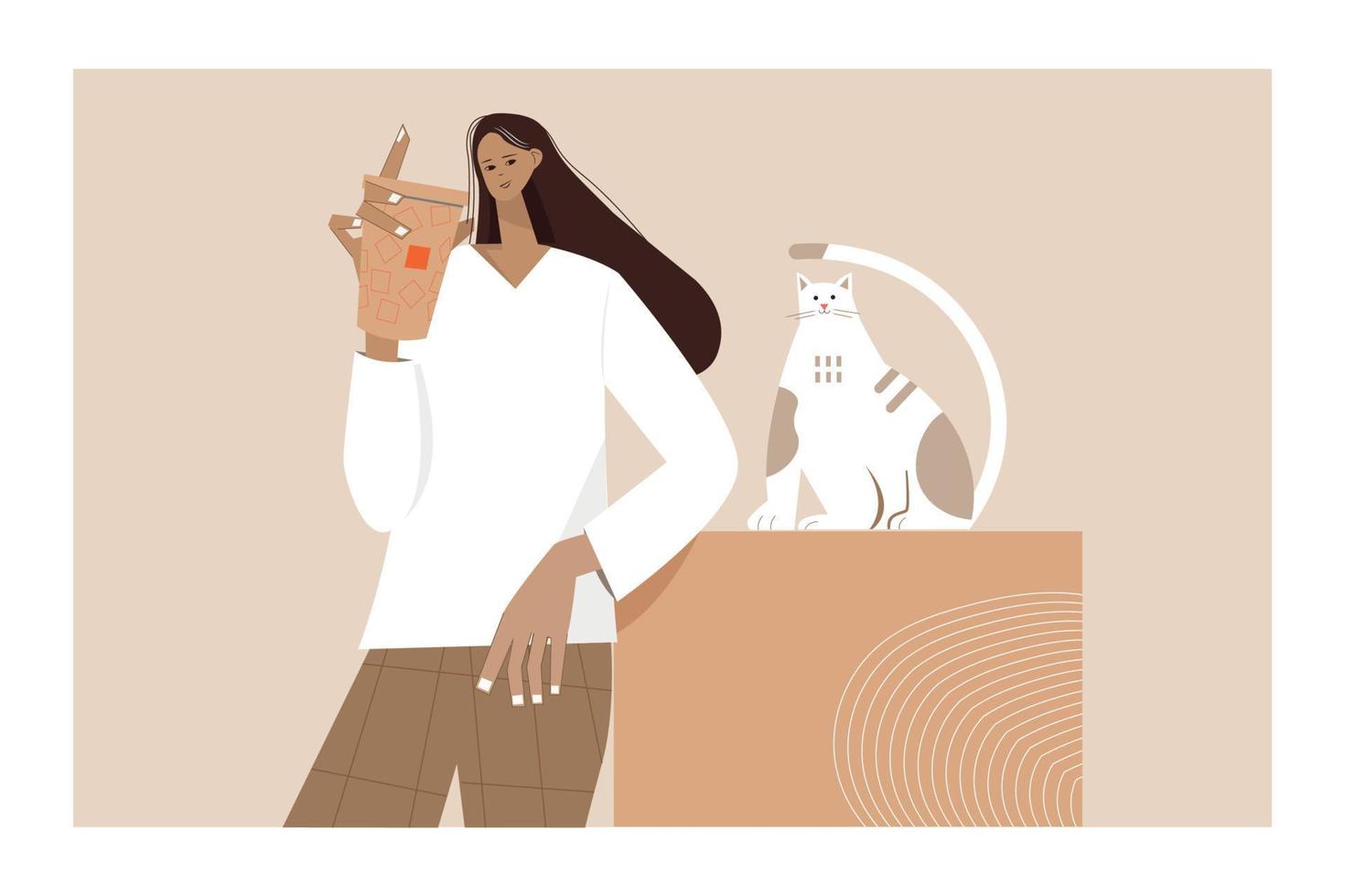 Businesswoman take a cup of coffee while standing with her cute cat  vector illustration