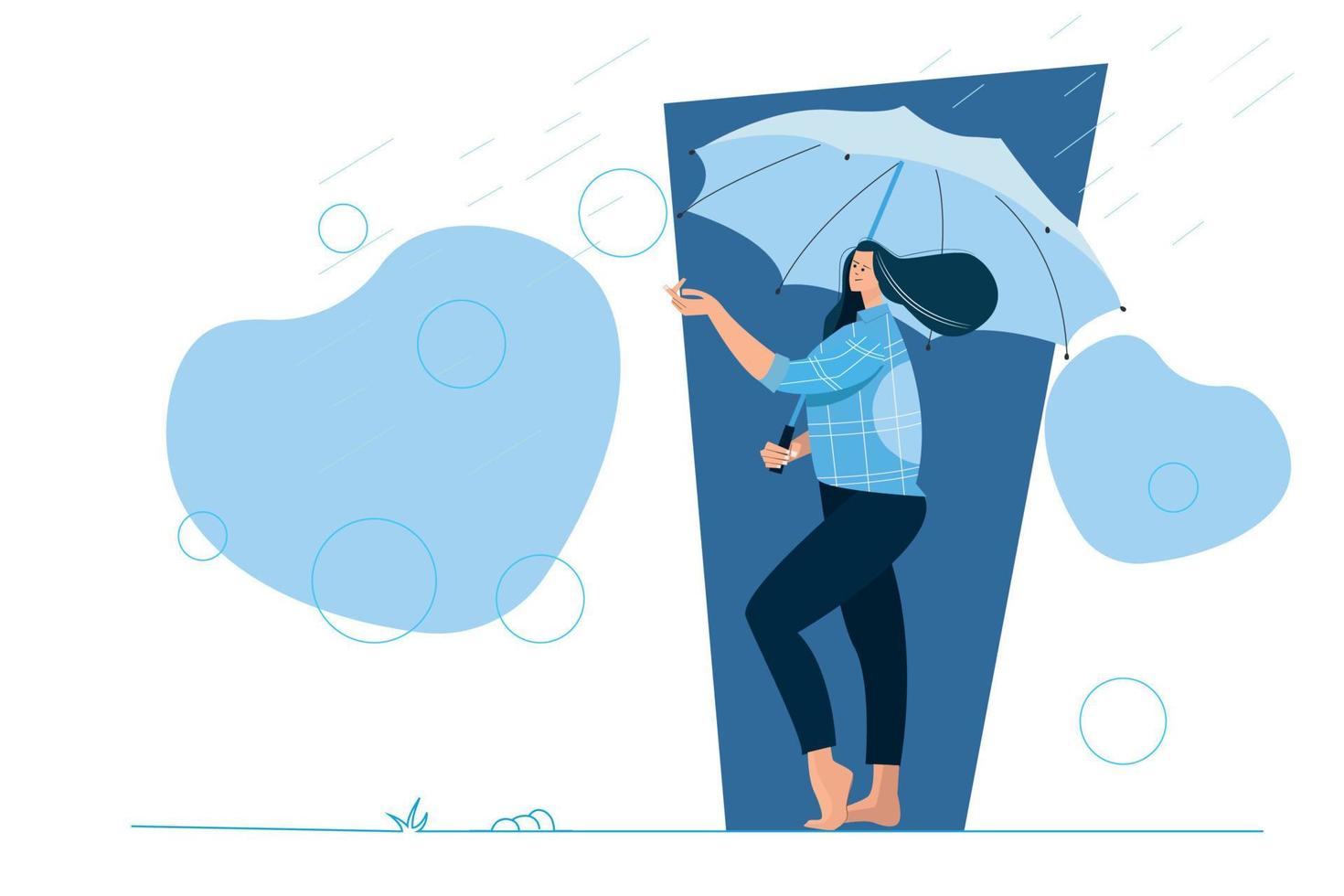 mujer bajo la lluvia sosteniendo paraguas ilustración plana de la temporada del monzón vector