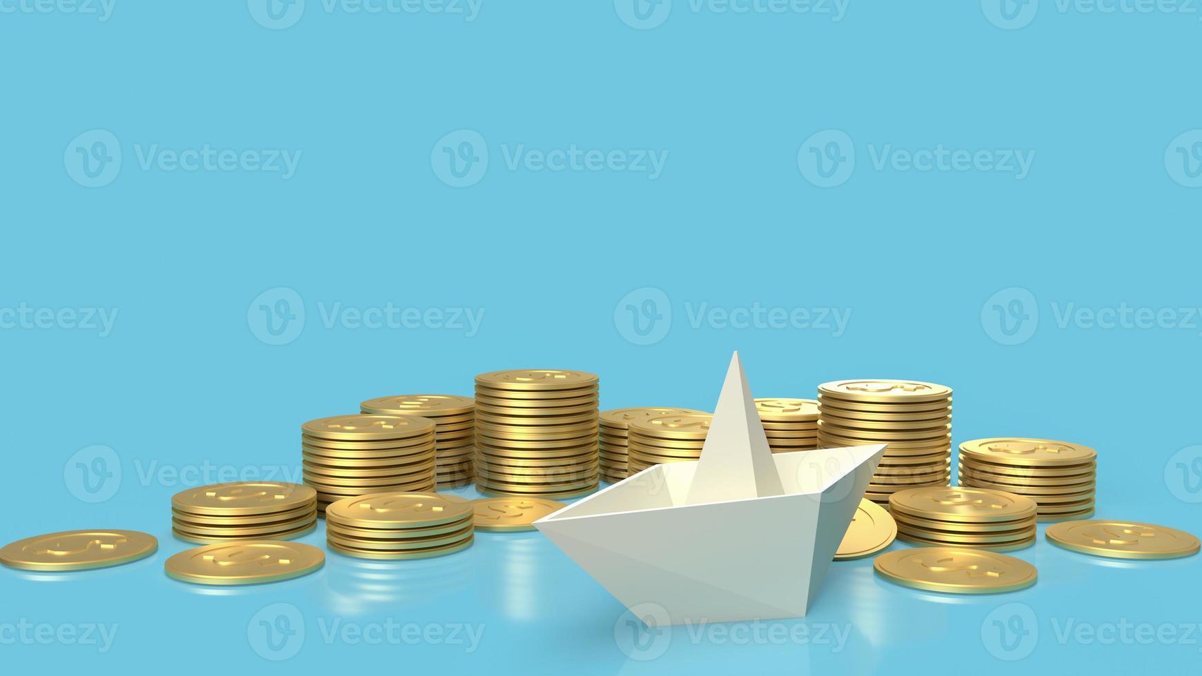 The boat paper and gold coins on blue background for blue ocean content 3d rendering. photo