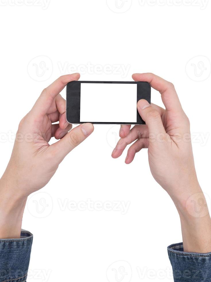 Male hands holding a mobile phone with touch blank white screen on white background. photo