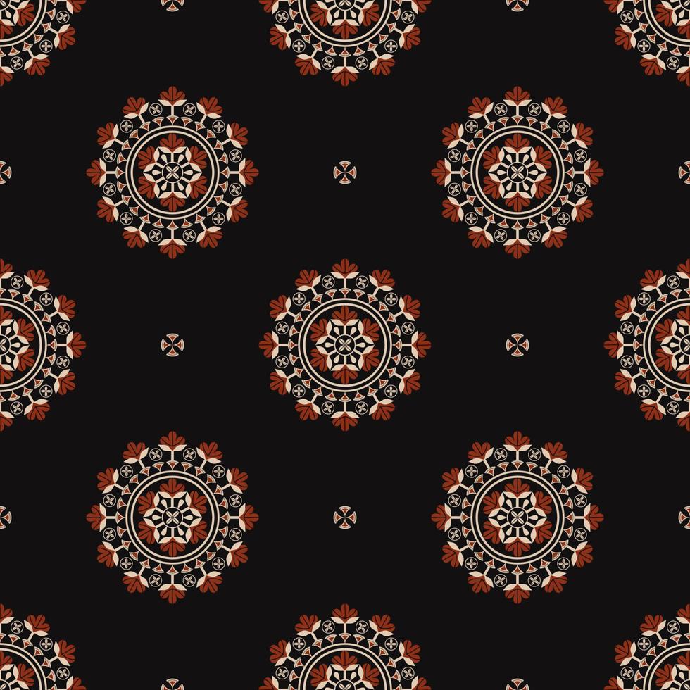 étnico tribal rojo-oro color flor círculo forma patrón sin costuras sobre fondo negro. uso para telas, textiles, elementos de decoración de interiores, tapicería, envoltura. vector