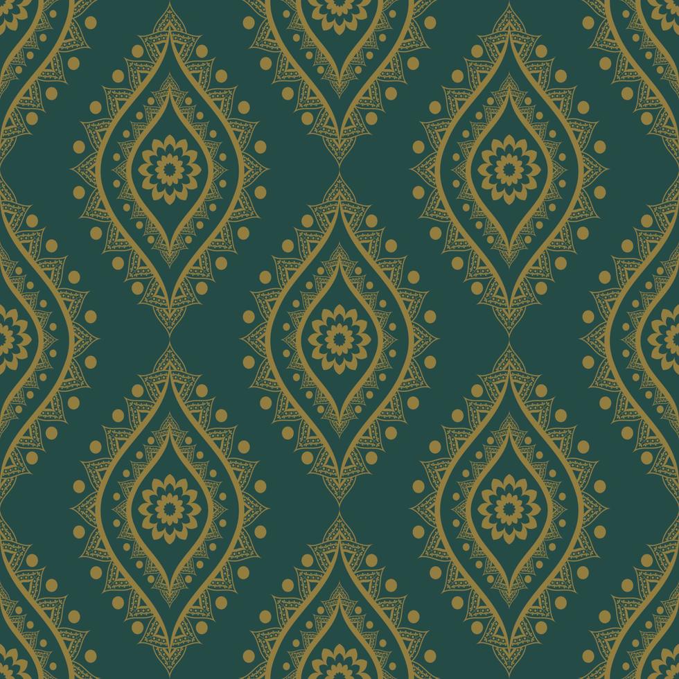 Ethnic Indian retro green-gold color flower shape seamless pattern background. Use for fabric, textile, interior decoration elements, upholstery, wrapping. vector