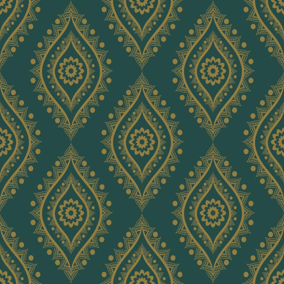 Ethnic Indian retro green-gold color flower shape seamless pattern background. Use for fabric, textile, interior decoration elements, upholstery, wrapping. vector