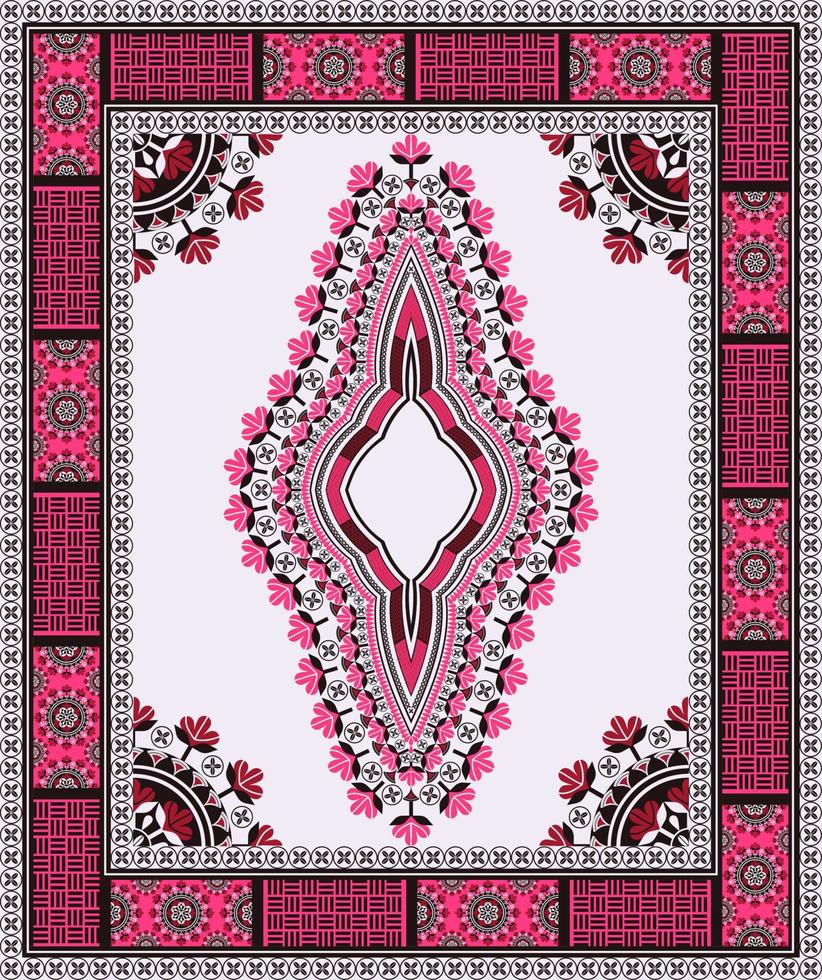 Ethnic African dashiki traditional colorful red-pink flower pattern background. Tribal art shirts fashion. Neck embroidery ornaments. vector