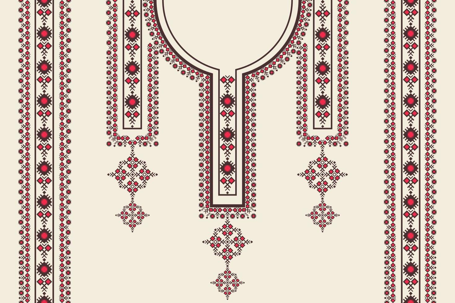 Ethnic red color neckline embroidery geometric pattern with border on white cream background. Tribal art fashion for shirts. vector