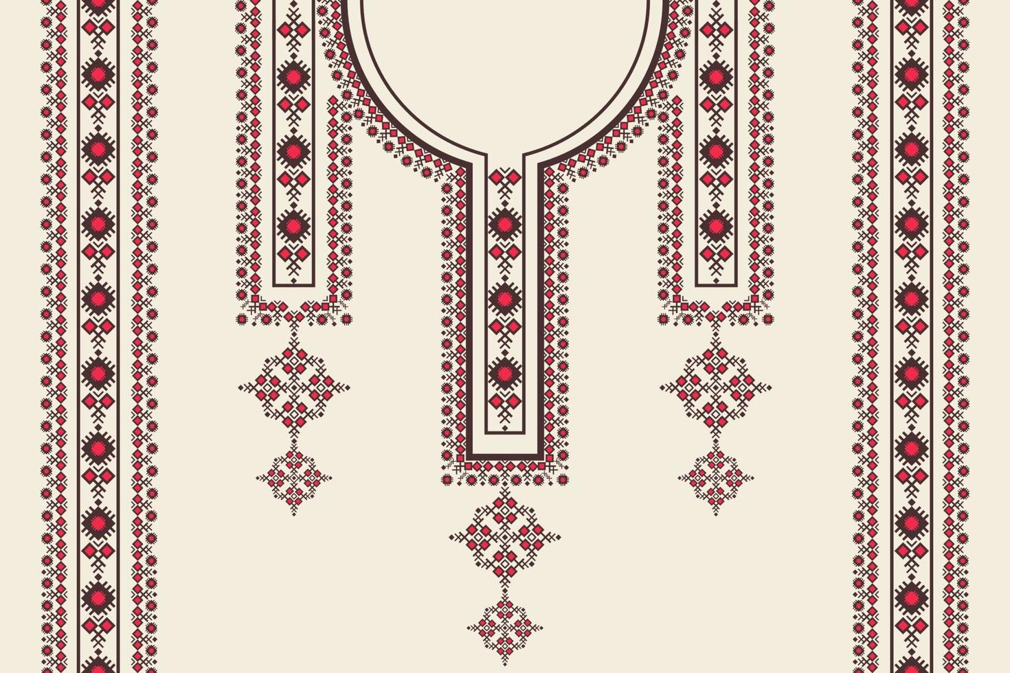 Ethnic red color neckline embroidery geometric pattern with border on white cream background. Tribal art fashion for shirts. vector