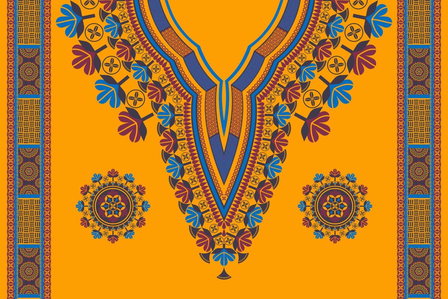 African dashiki colorful neckline flower embroidery pattern with decoration elements border on yellow background. African tribal art shirts fashion. vector