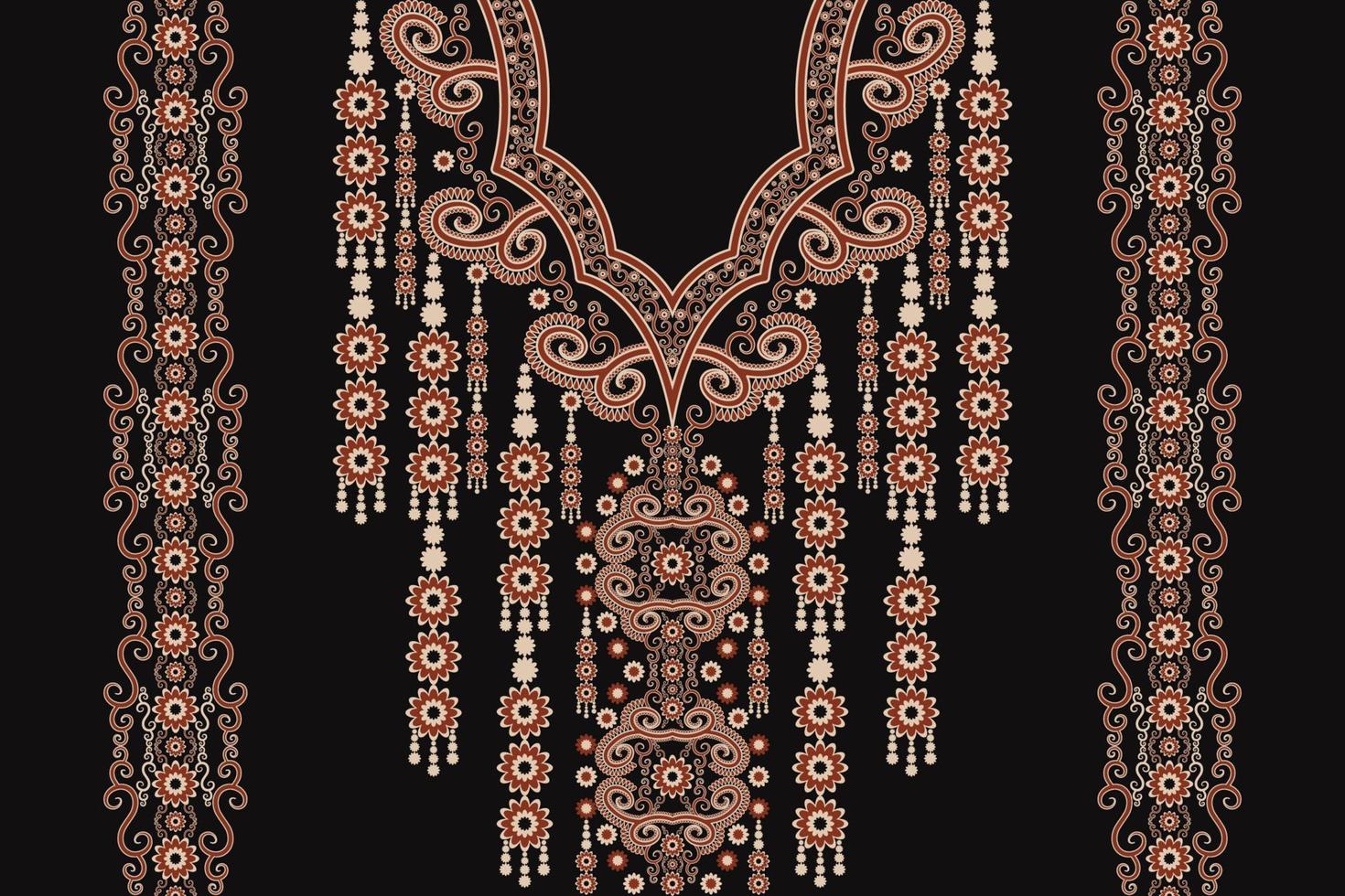 Ethnic neck embroidery floral shape red-gold color on black background. Tribal art shirts fashion. vector