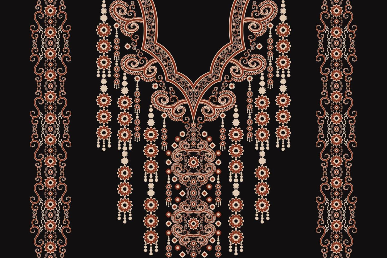 cuello étnico bordado forma floral color rojo-dorado sobre fondo negro. moda de camisetas de arte tribal. vector