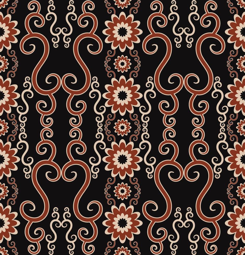 Embroidery red-gold color ethnic floral shape seamless pattern on black background. Use for fabric, textile, interior decoration elements, upholstery, wrapping. vector
