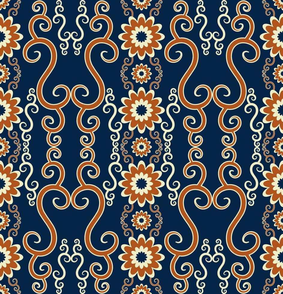 Embroidery vintage color ethnic floral shape seamless pattern on blue background. Use for fabric, textile, interior decoration elements, upholstery, wrapping. vector