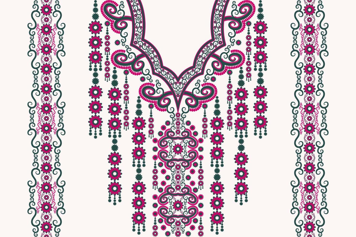 Ethnic neck embroidery floral pattern feminine color style. Tribal art shirts fashion. vector