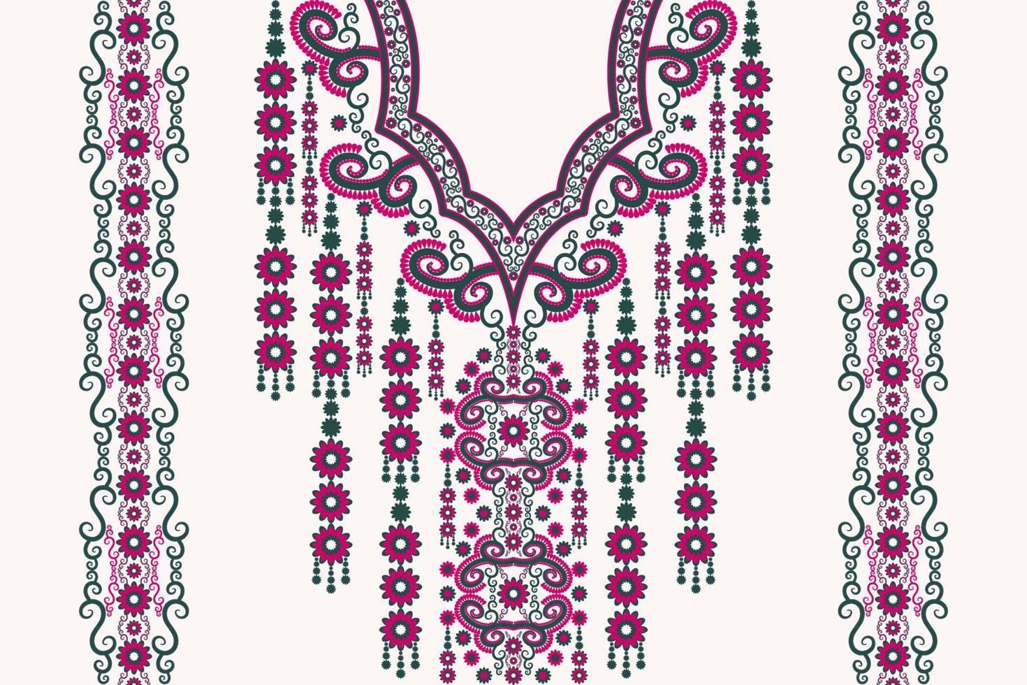 Ethnic neck embroidery floral pattern feminine color style. Tribal art shirts fashion. vector