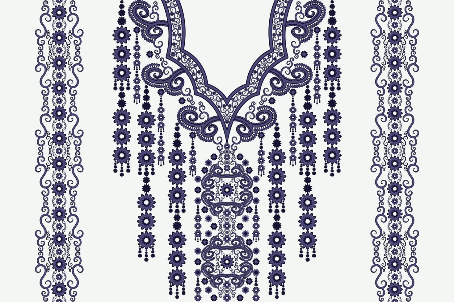 Ethnic neck embroidery floral pattern feminine blue color style. Tribal art shirts fashion. vector