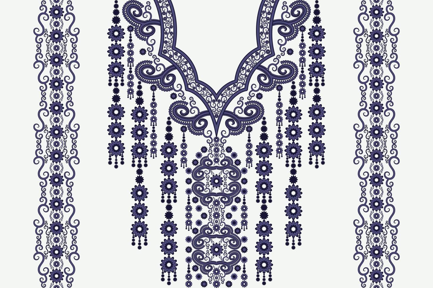 Ethnic neck embroidery floral pattern feminine blue color style. Tribal art shirts fashion. vector