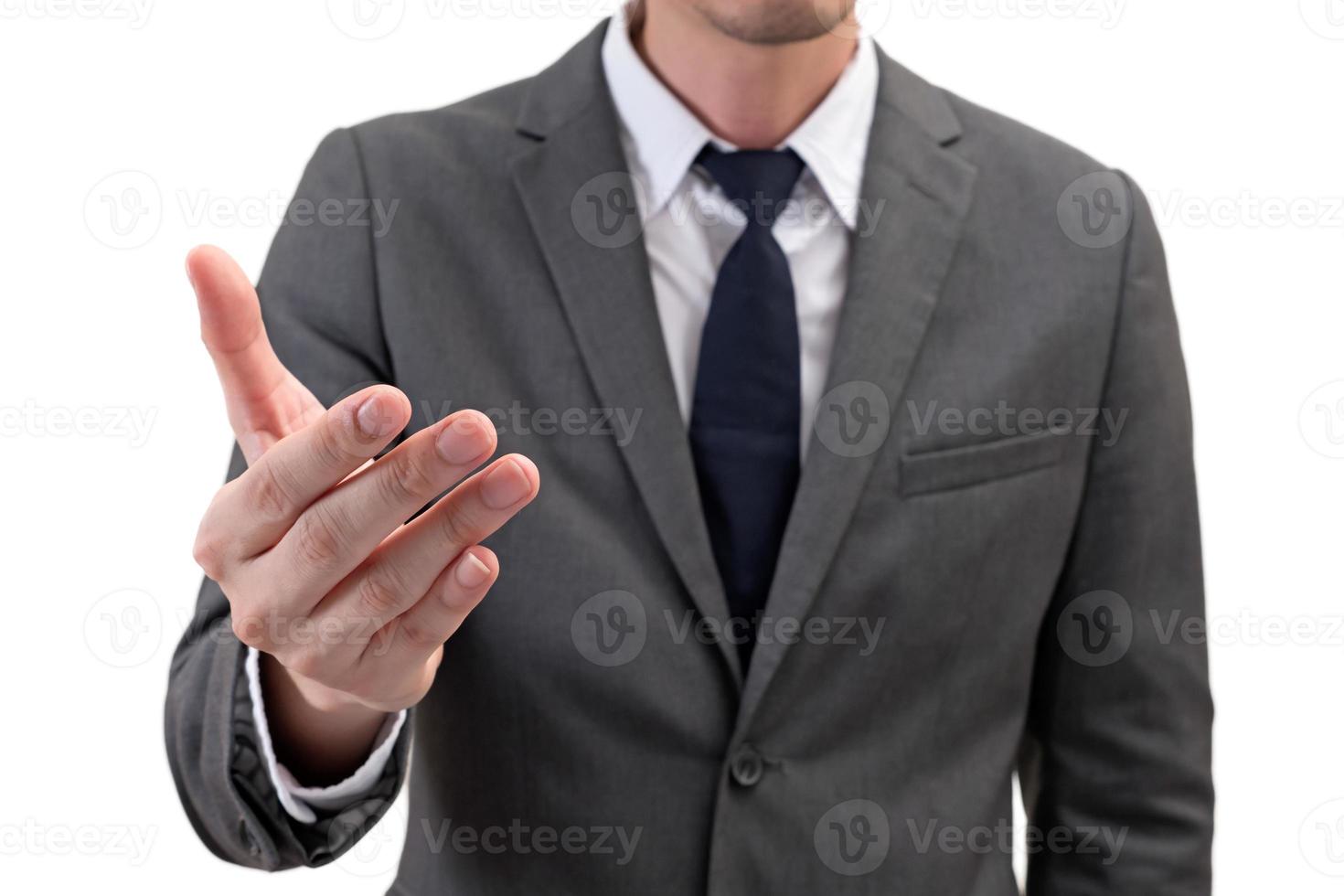 Businessman presenting with hand empty copy space isolated on white background. photo